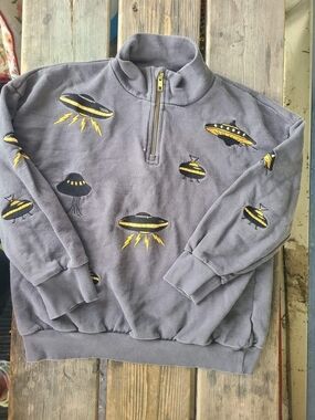 MINI RODINI SZ 9-11YRS GUC GRAY BLACK & GOLD UFO'S pullover sweatshirt 3/4 zip